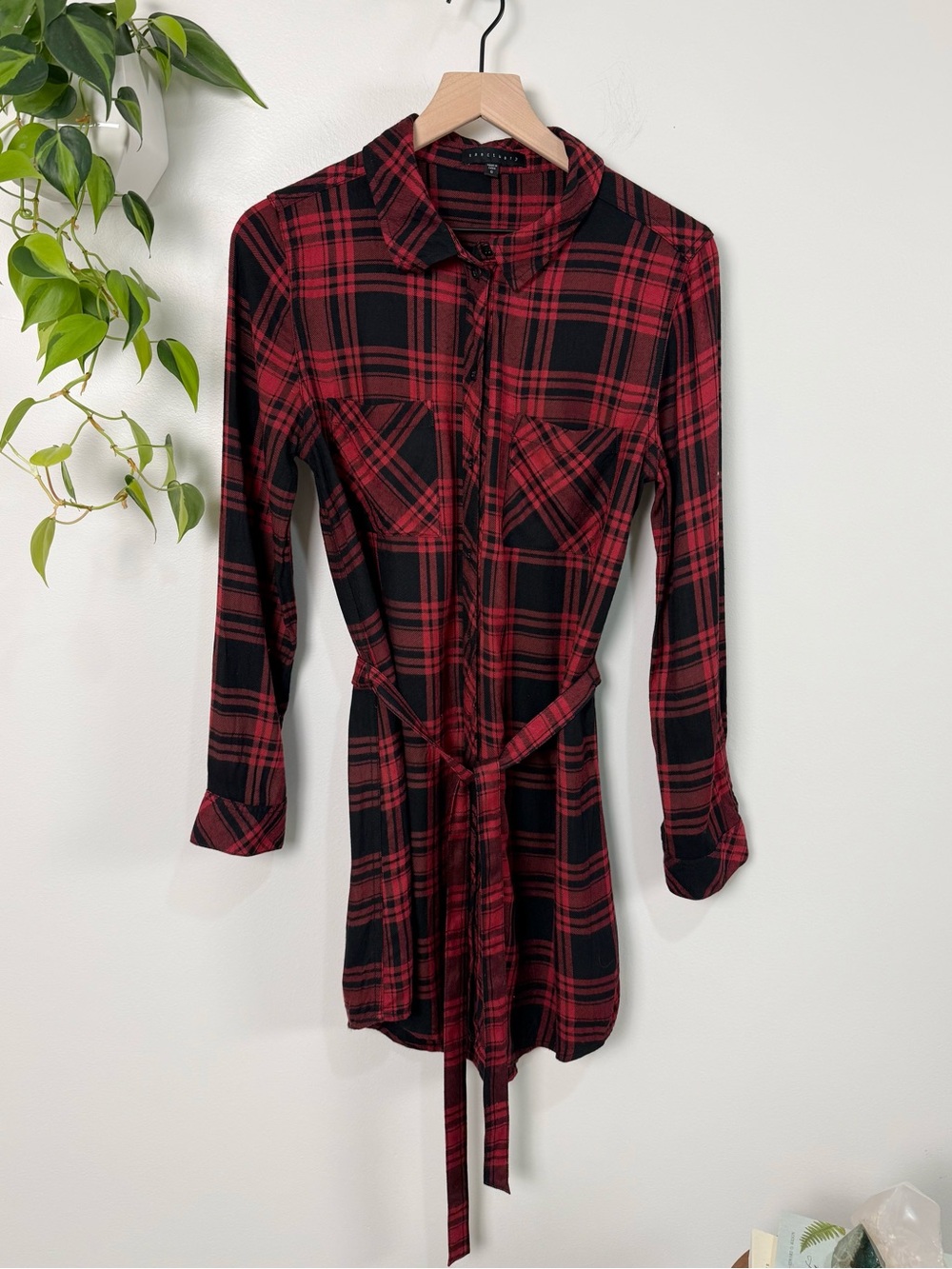 Sanctuary Plaid Button Front Long Sleeve Shirt Dress Tie Waist Red Black Grunge